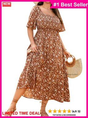 Plus Size Smocked Boho Maxi Dress Short Sleeve Square Neck Flowy